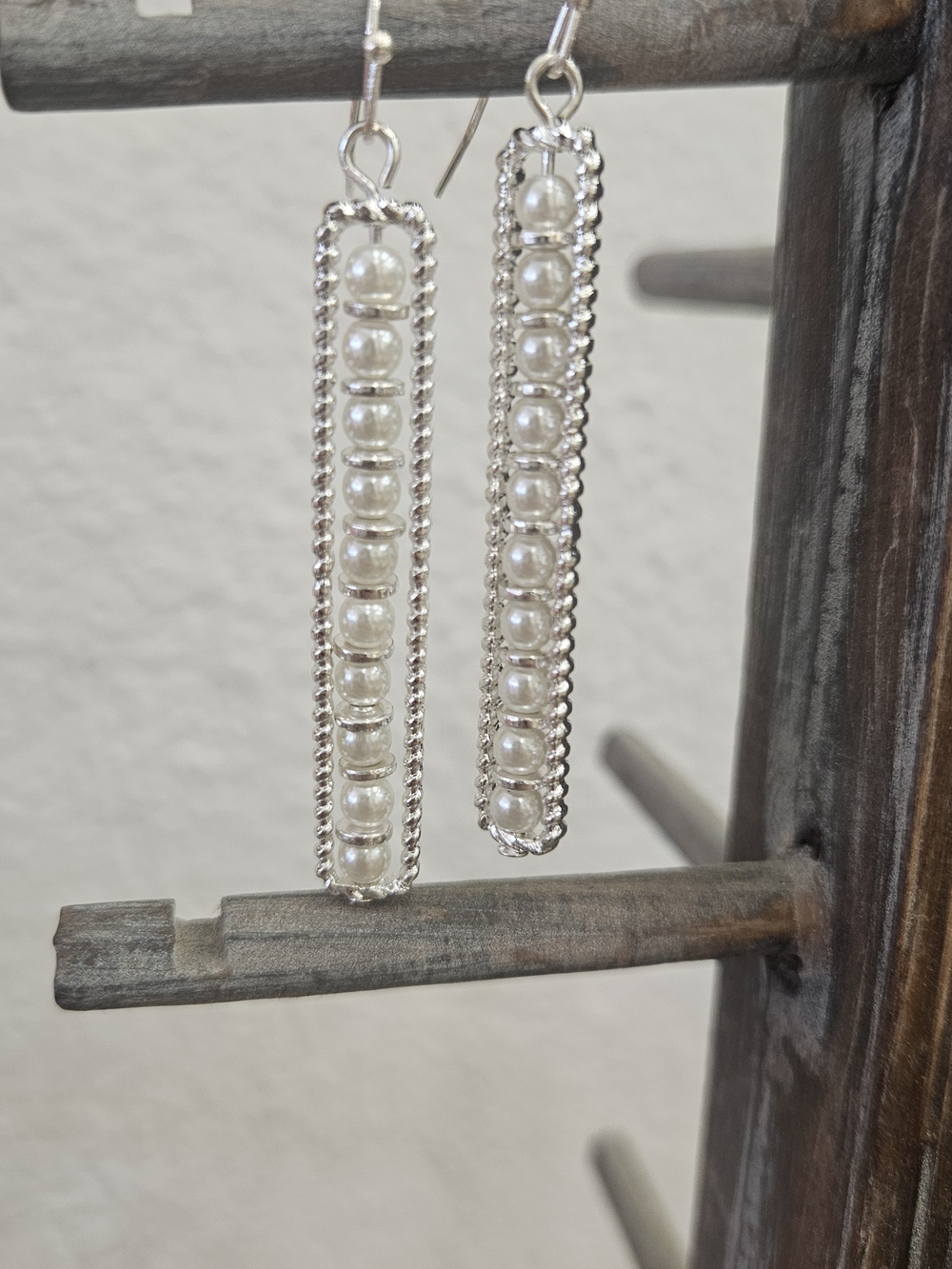 Elegant Silver Pearl Bar Drop Earrings - White Pearls